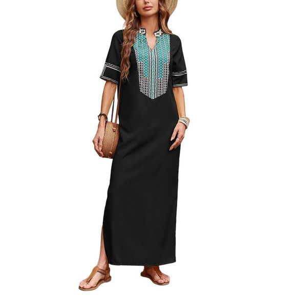 Camisa Black & Turquoise Abstract Side Slit Notch Neck Maxi Dress Size XL - Picture 1 of 3